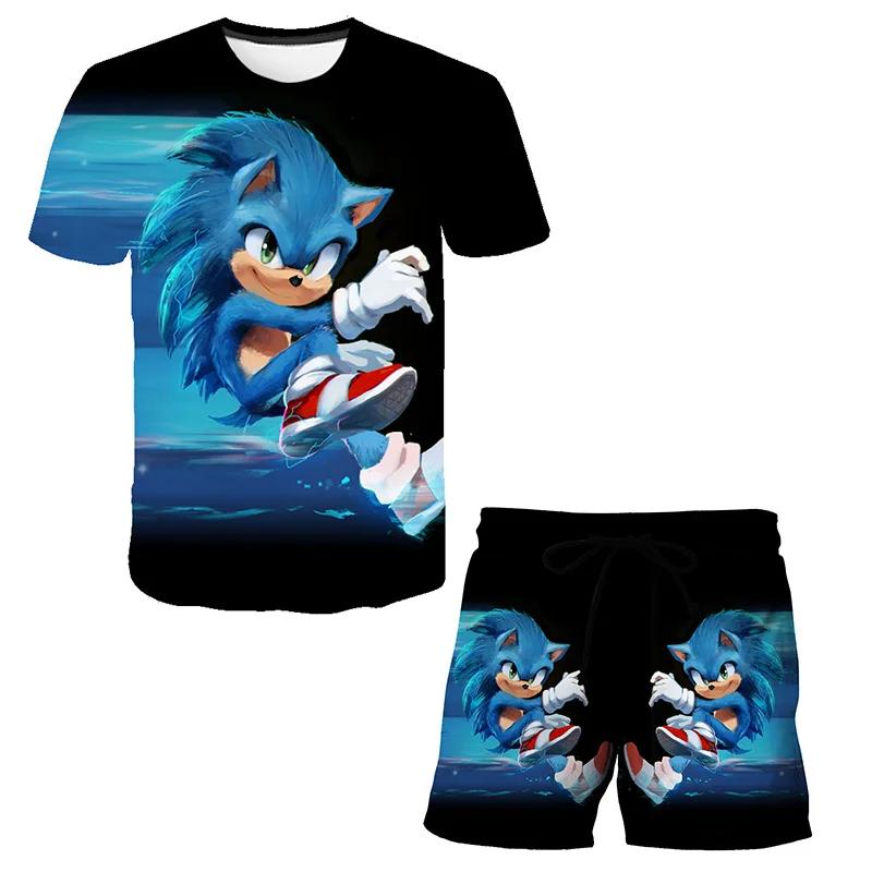 2025 MINISO New boys and girls super sonic Tshirts+shorts  Harajuku Sonic print suit T-shirt + shorts fashion street style children's short sleeves