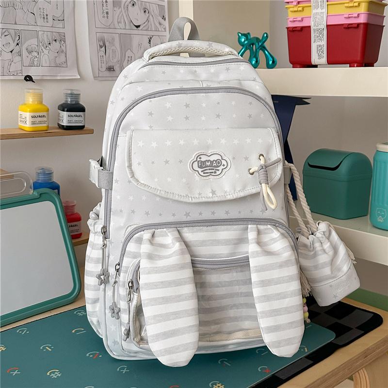 Cute Bunny Ear School Backpack with Clear Front Pocket Top Handle Casual Daypack for Girls Daily Use
