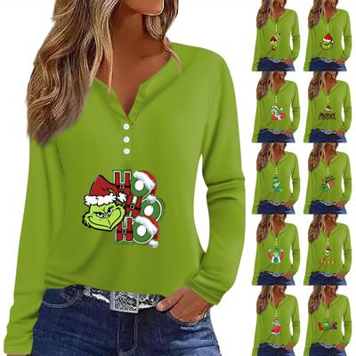 Women's T Shirt Tee Christmas Print Button Long Sleeve Daily Weekend Fashion Basic V- Neck Regular Top