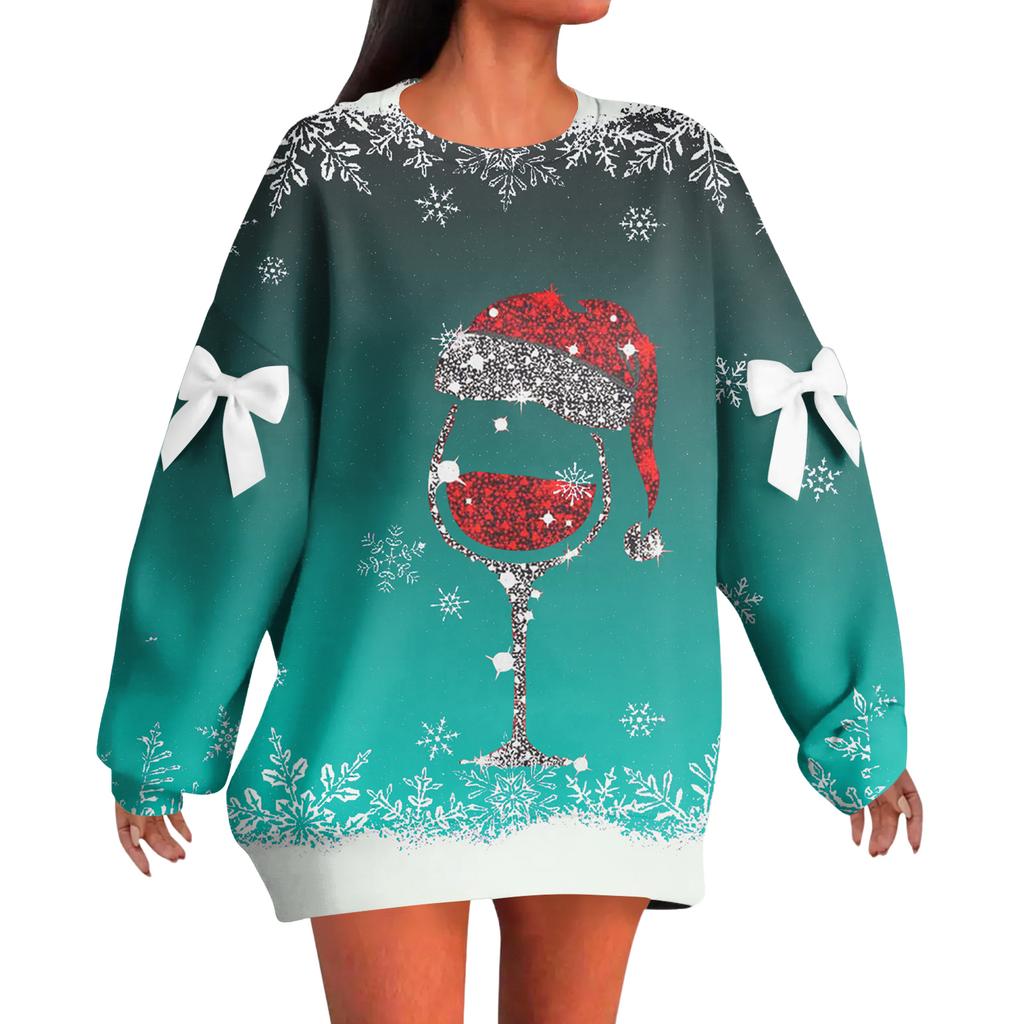 Ladies' Christmas Printed Bow Round Neck Long Sleeved Loose Pullover Sweater Sweatshirt Top