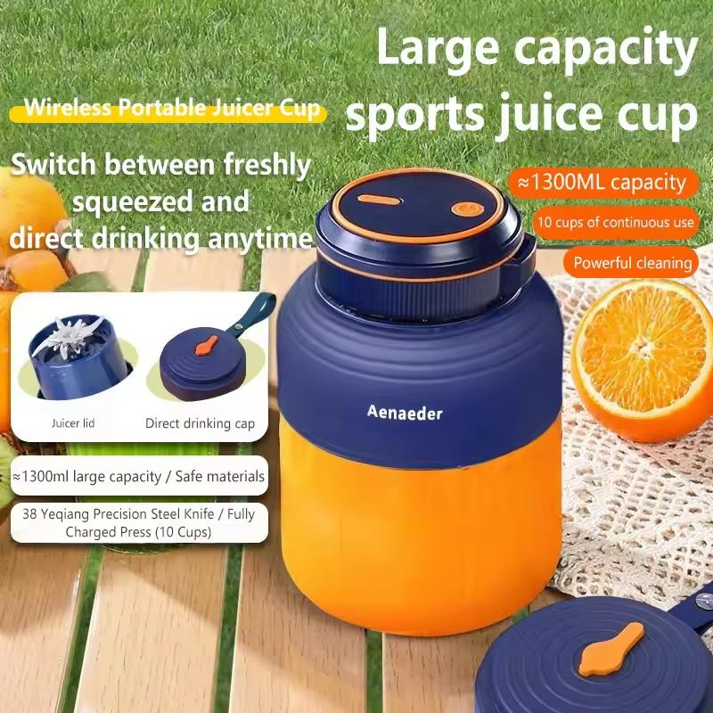 Aenaeder Portable Wireless Juicer Cup 1300Ml Large Capacity Sharp Blades Dual Lids For Outdoor Sports Camping Picnic