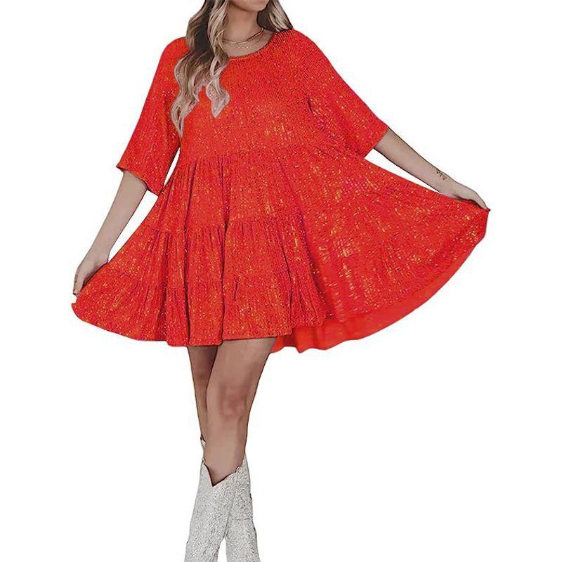 Solid Color Fashion round Neck Loose Waist Short Sleeve Cake Sequin