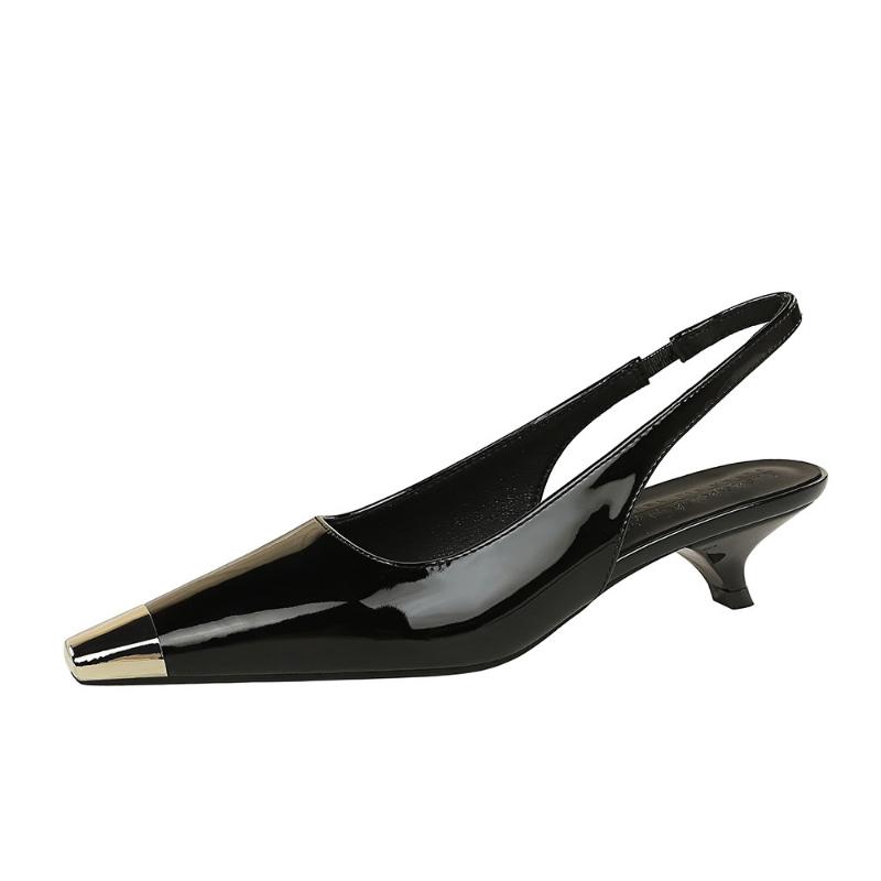 Fashion European Fashion Banquet Thin Heels And Shallow Mouth Women's Shoes Patent Leather Shiny Metal Toe Back Trip Straps To Make Slim