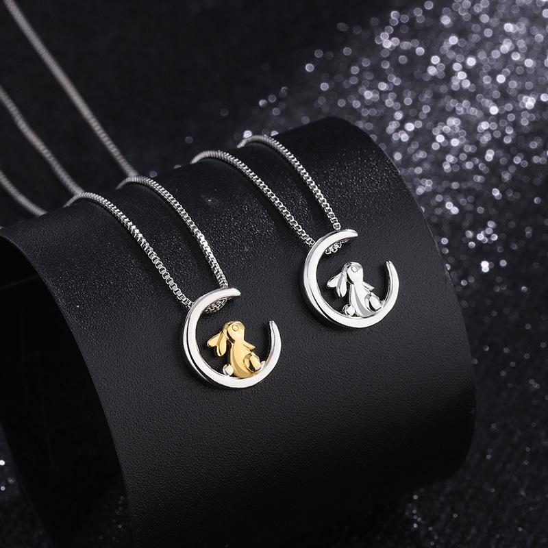New Fashion Cute Rabbit Moon 925 Sterling Silver Cartoon Sweet Animal Clavicle Chain Pendant Necklaces TYB179
