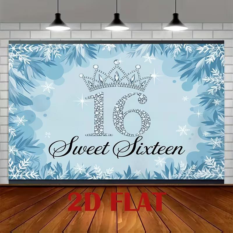2D Flat Blue Snowflake & Number 16 Photography Background Cloth