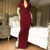 Autumn Winter Women's Burgundy Ruched Slit Bodycon Maxi Dress