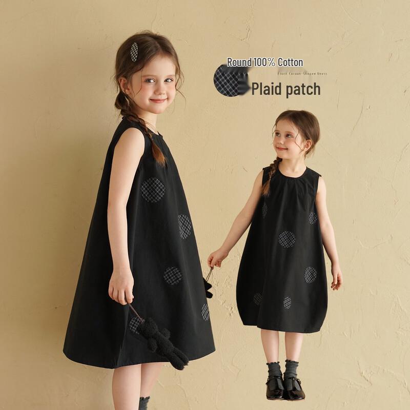

Girls Summer Retro Plaid Patch Black Vest Dress 130