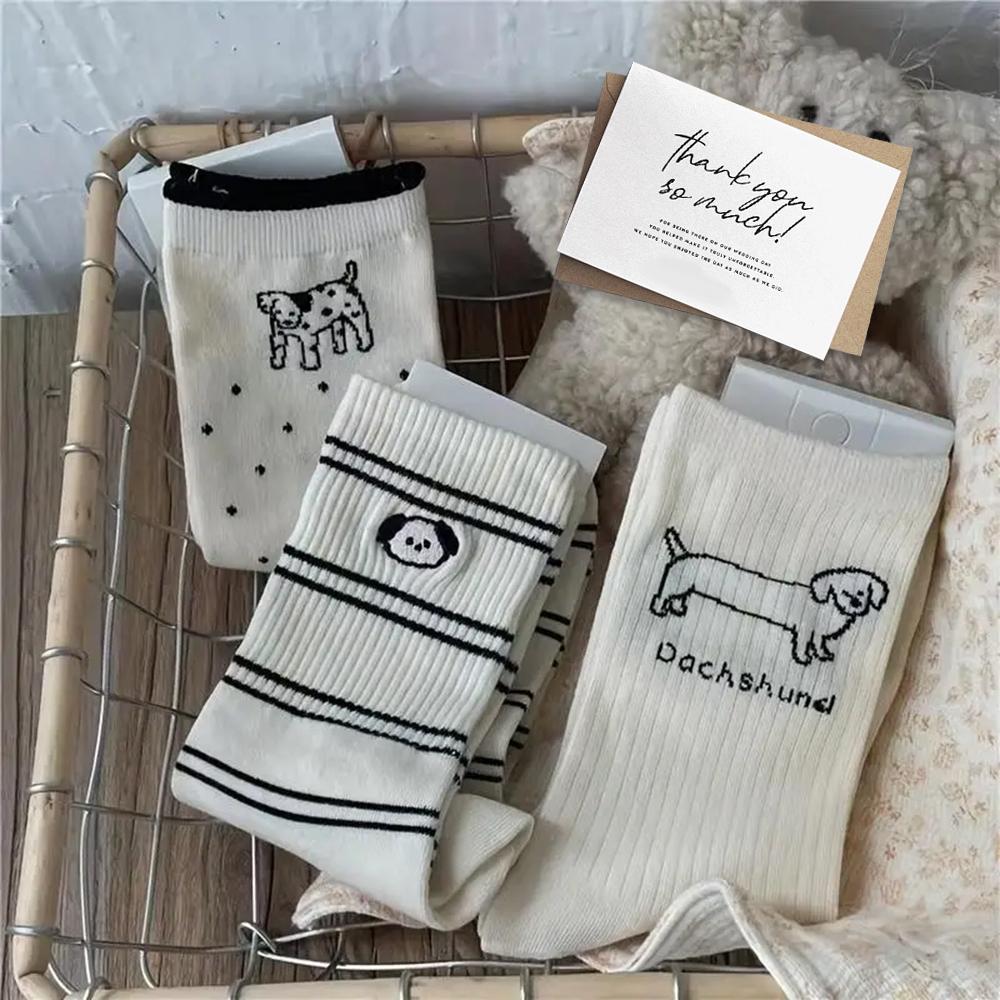 5 Pairs Women Cartoon Dog Pure Striped Mid Length Socks For Women Cute Sweet Academy Style Socks