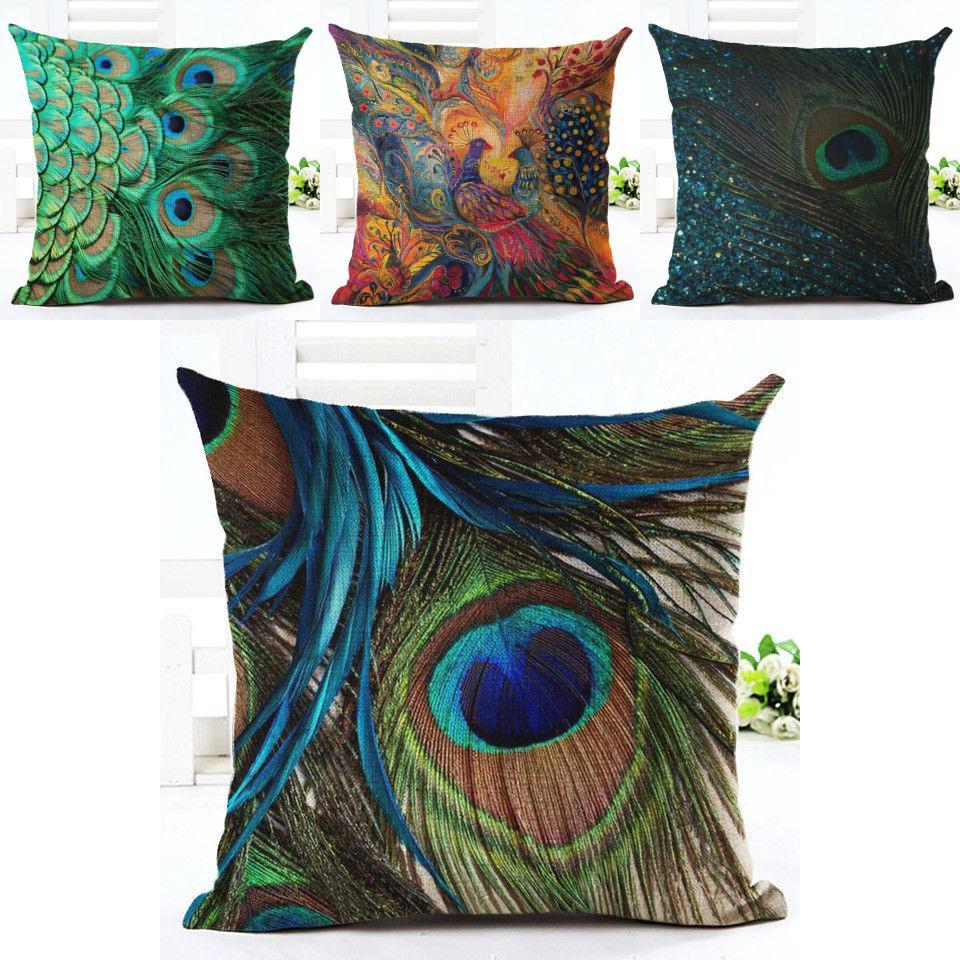 Luxuriöser Kissenbezug aus Leinen in atemberaubendem Pfauendesign für Sofa und Schlafzimmer