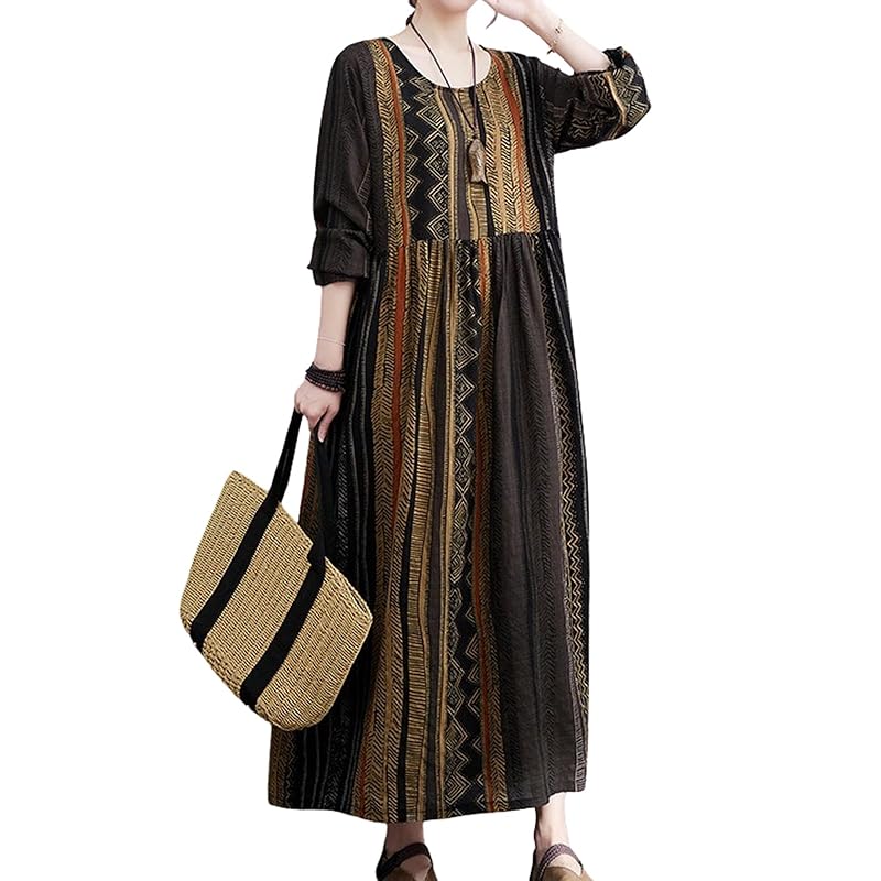 

[Second roots] one piece ethnic pattern asian Relaxing body shape cover spring summer ladies Comfortable to wear clothes volume long length cute