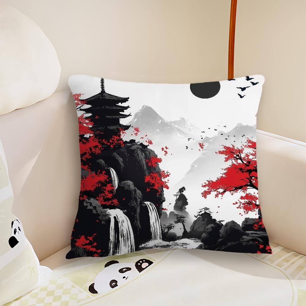 Japanese Landscape Art red cushion cover Plush Fabric Soft Double Sided Print Sofa Cushion Cover Throw Pillow Covers