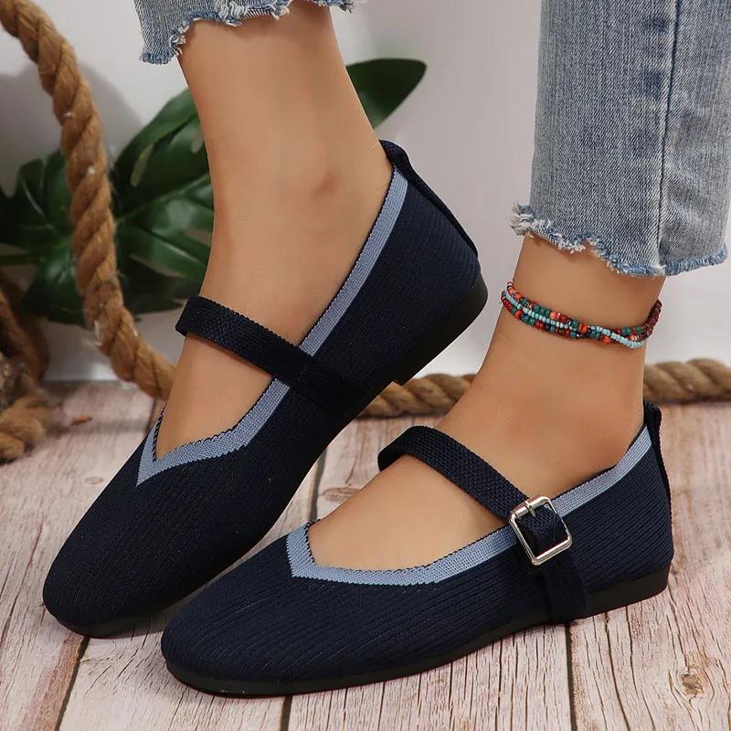 Seasons Women's Shoes Elegant Ballet Flats Fashion Pumps Buckle Strap Mary Jane Shoes Knitted Fabric Casual Shoes Ladies Loafers