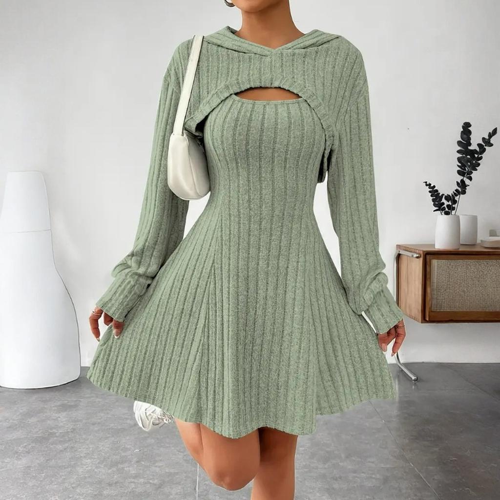Women's Fashionable Casual Solid-color Long-sleeved Hooded Short Top + Sleeveless Dress Set