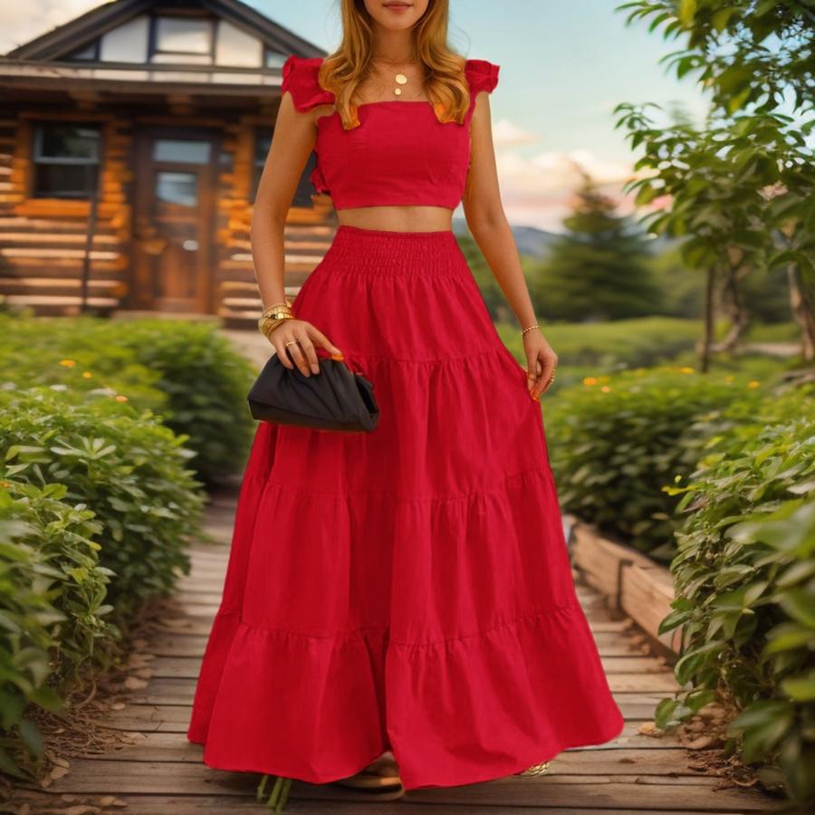 Letní nový sexy temperamentní jednobarevný maxi dvoudílný outfitový set šaty se špagetovými ramínky