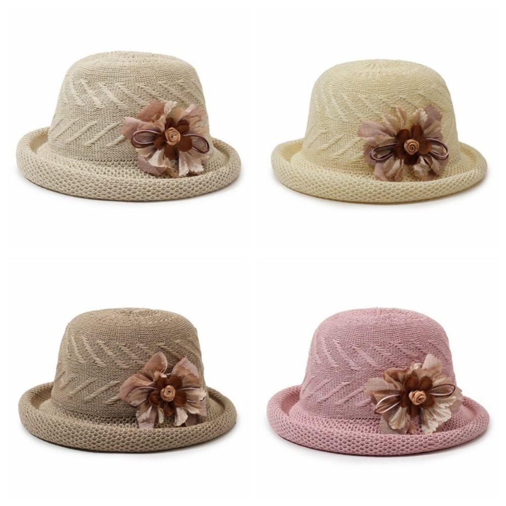 Rolled Brim Sunscreen Bucket Cap Solid Color Women Sun Cap Versatile Flower Fisherman Hat  Camping
