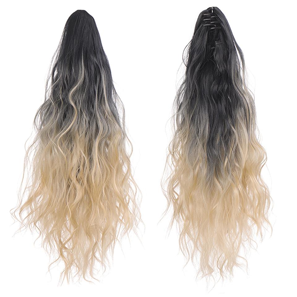 Extension de Cheveux Synthétiques Longs Lisses à Pince Queue de Cheval 22 Pouces Noir Mèches Bleues Grises Postiche Queue de Cheval Perruque Pour Femmes