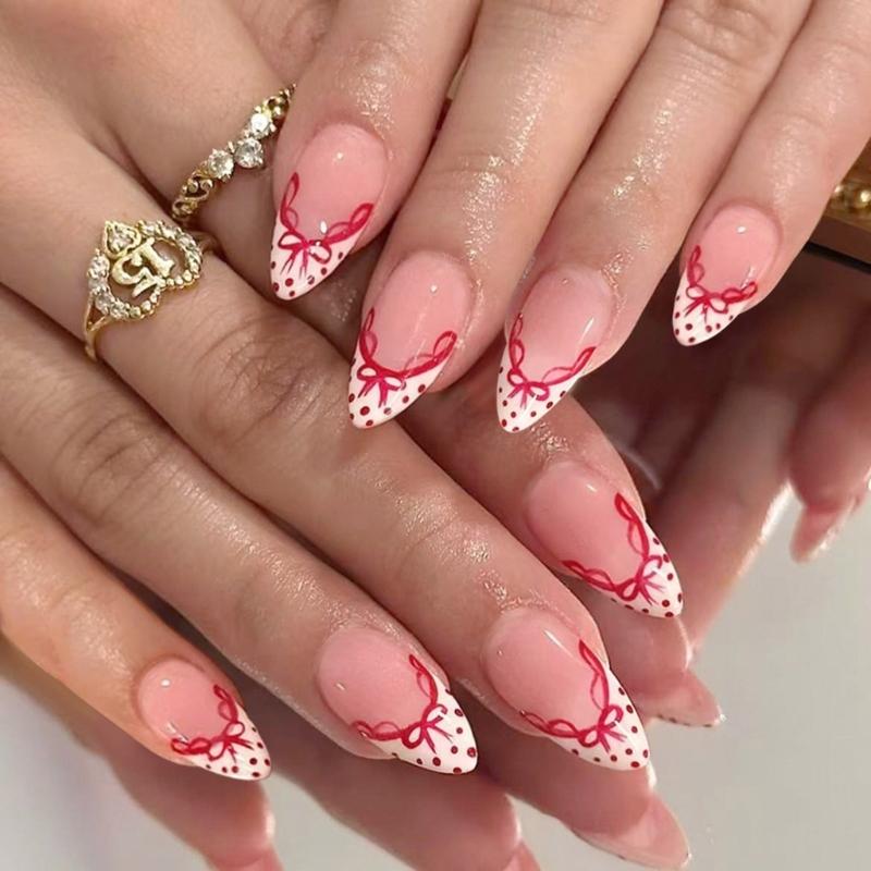 

French Tip Press On Nail White With Red Polkas Dots Bows Design Elegant Artificial Nail For Women Durability ABS Build 1