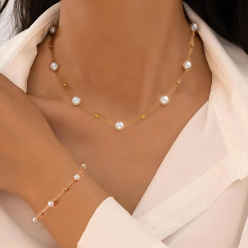 

2 Pcs Exquisite Gold Color Bohemian Jewelry Set for Women Fashion Pearl Cross Pendant Necklace Bracelet Set Casual Jewelry Gifts