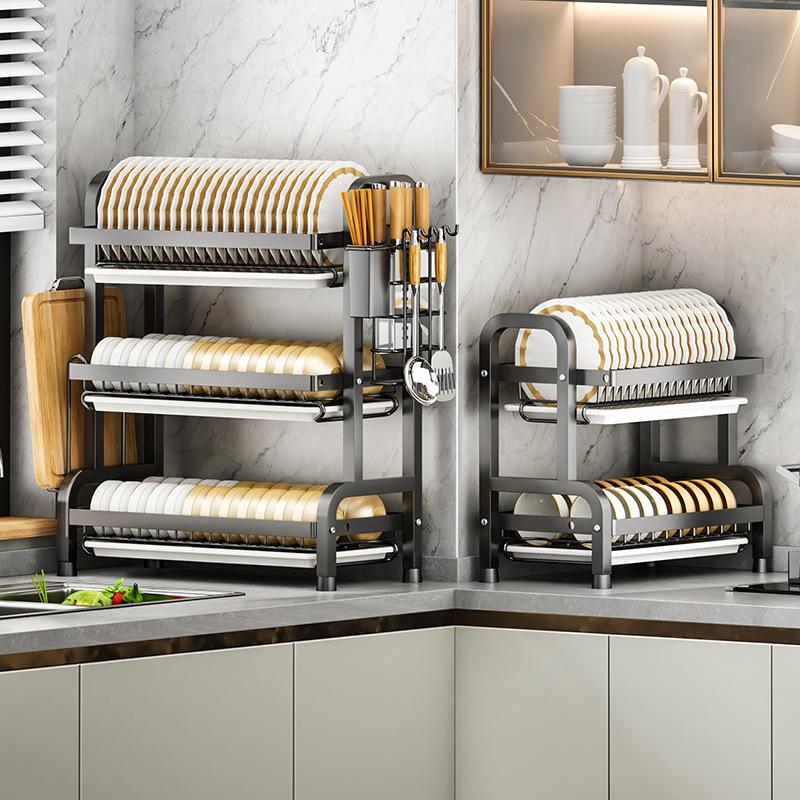 3 Tier Kitchen Utensils Rack Dish Drying Rack Bowls Chopsticks Chopping Board Storage Shelf Carbon Steel Tableware Drainboard