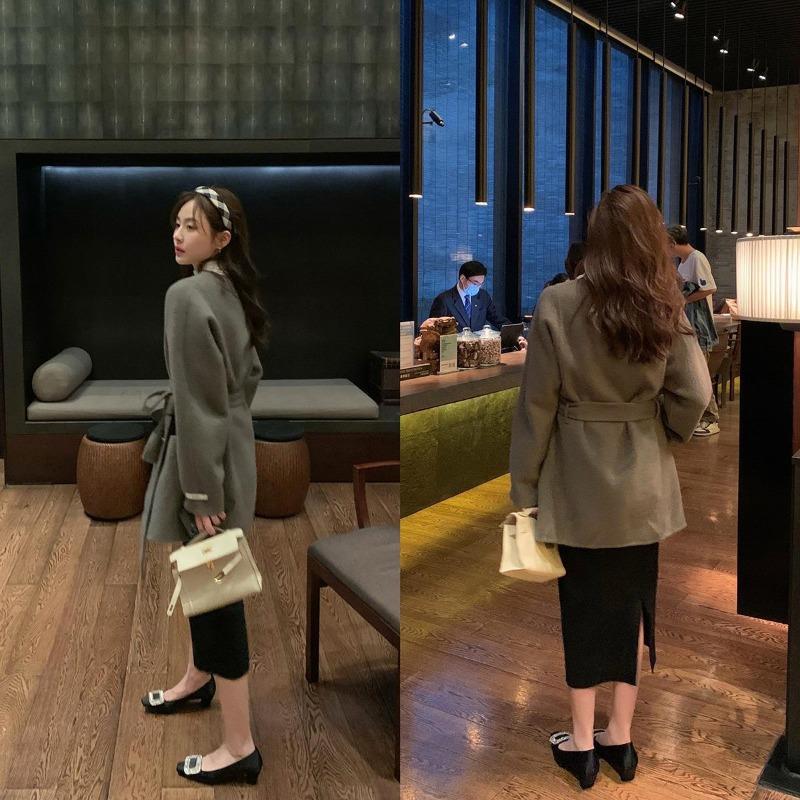 ~ Temperament rhinestone square buckle square head shallow mouth middle heel silk commuting single shoes women