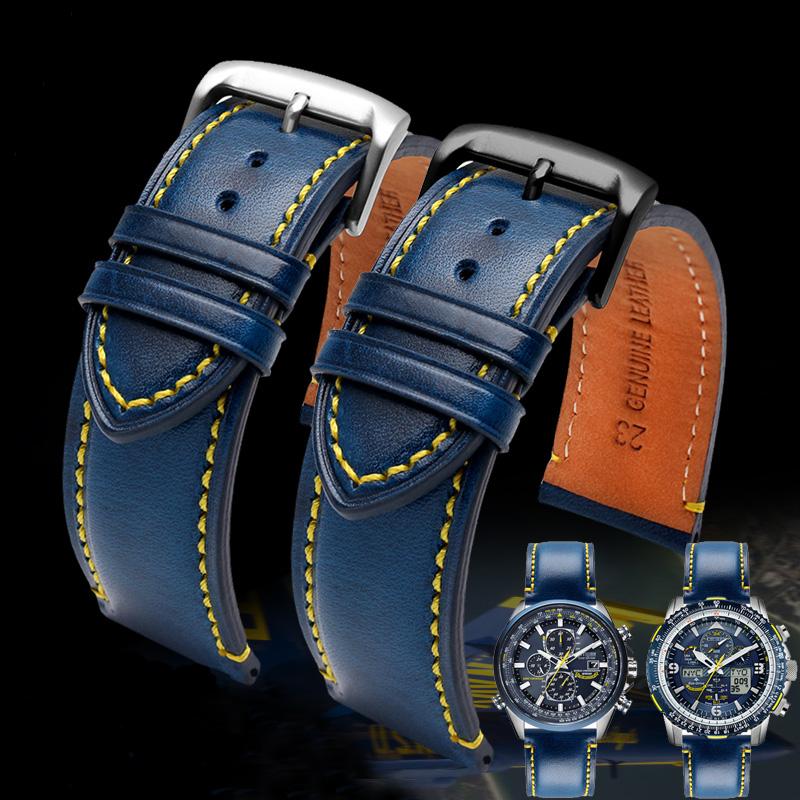 Echtes Leder+ Silikonkautschuk Uhrenarmband für Citizen Blue Angel AT8020 Sky Eagle JY8078 8035 Armband 22mm 23mm Schwarz
