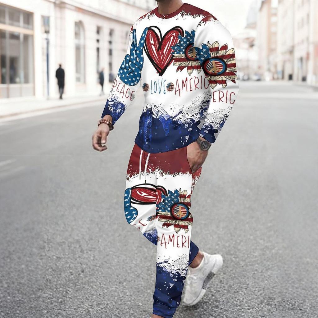 Men Split Usa Flag Star Floral Hand Print Long Sleeve Sweatshirt And Drawstring Jogger Pants Two Piece Suit