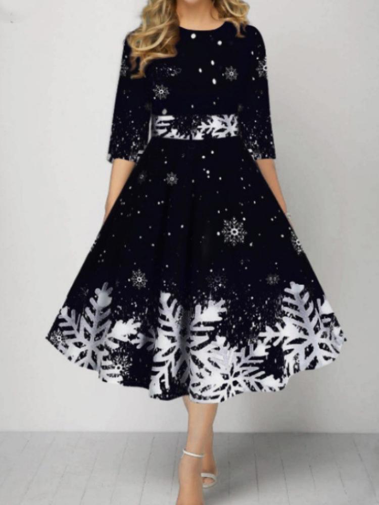 

Рождественская женская мода Персонализированное платье с принтом снежинок, с рукавом средней длины, приталенное 5XL чёрный