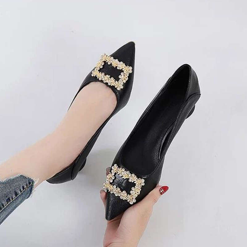 Fashion Rhinestone Buckle Shallow Single Shoes Women's Spring and Summer New Temperament Pointed Thick Heel Small Leather Shoes Shoes