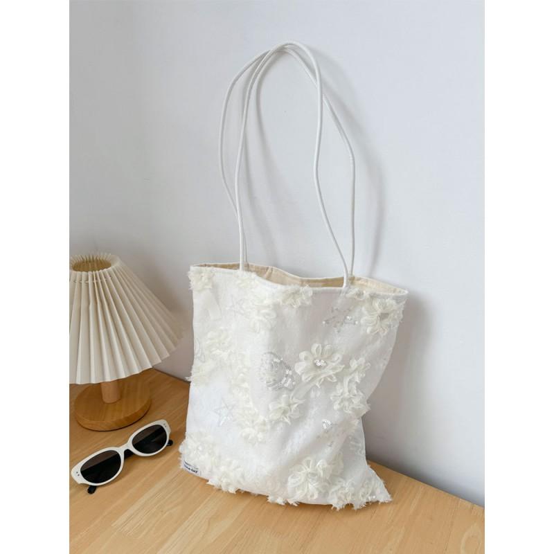 Floral Lace Canvas Shoulder Bag Women Sweet Pastel Tote Soft Medium-Sized Handbag With Phone Pocket