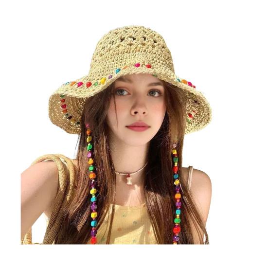 Summer Fisherman Hat, Hollow Straw Weaving Large Brim Beach Hat, Foldable Portable Rainbow Color Basin Hat