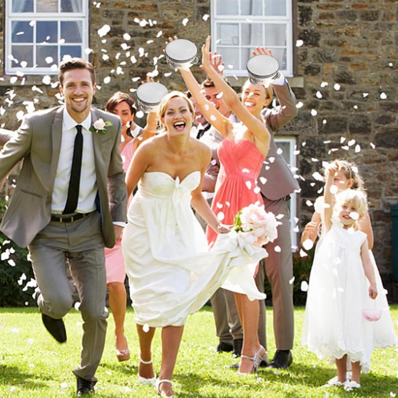 24 Pcs 4 Inch Wood Wedding Tambourine Metal Jingles Drum Hand Held Drum Instrument White Percussion for Wedding Party Favors