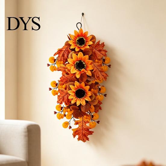 Decorative Sunflower Berries Garland Fall Maple Leaf And Teardrop Swag for Farmhouse Front Door Decor, 50x37cm Realistic Foliage Wreath Artificial