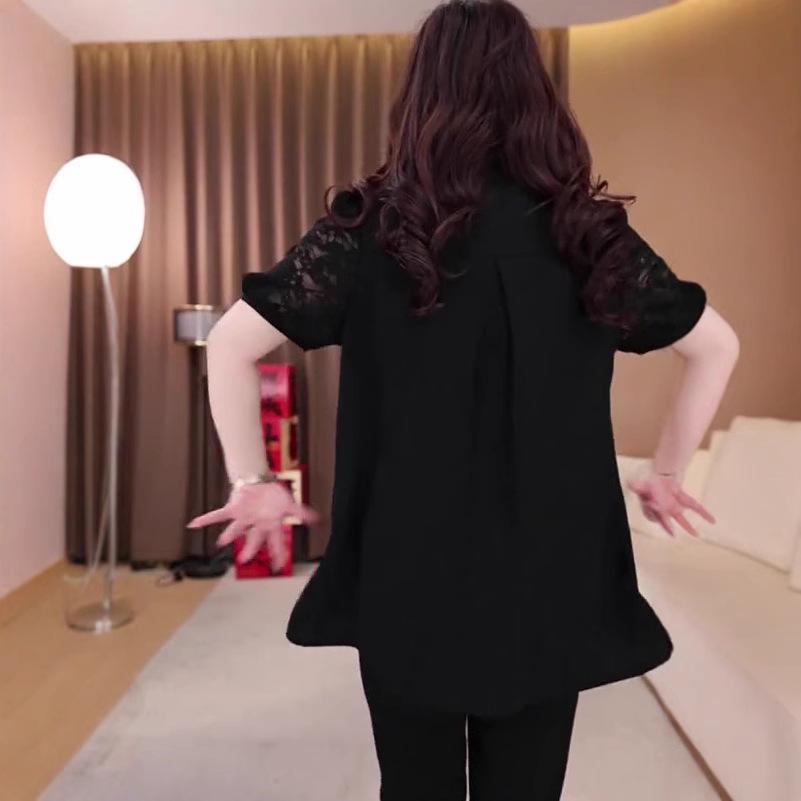 Summer Lace Rhinestone Mid-Sleeve Slimming Shirt - Plus Size Women's Casual Wear