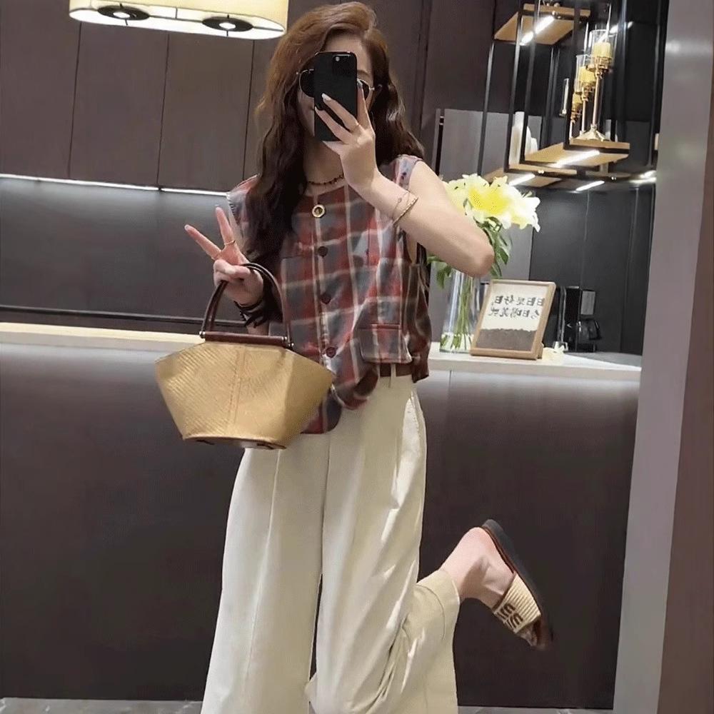 Damen 2025 Schicke Französische Karobluse Ärmellos