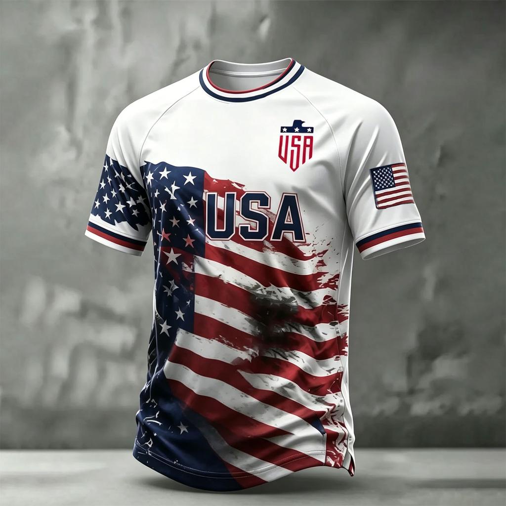 Męska casualowa, lekka, oddychająca koszulka z krótkim rękawem i okrągłym dekoltem z nadrukiem USA 2026 Design Koszulka na temat piłki nożnej