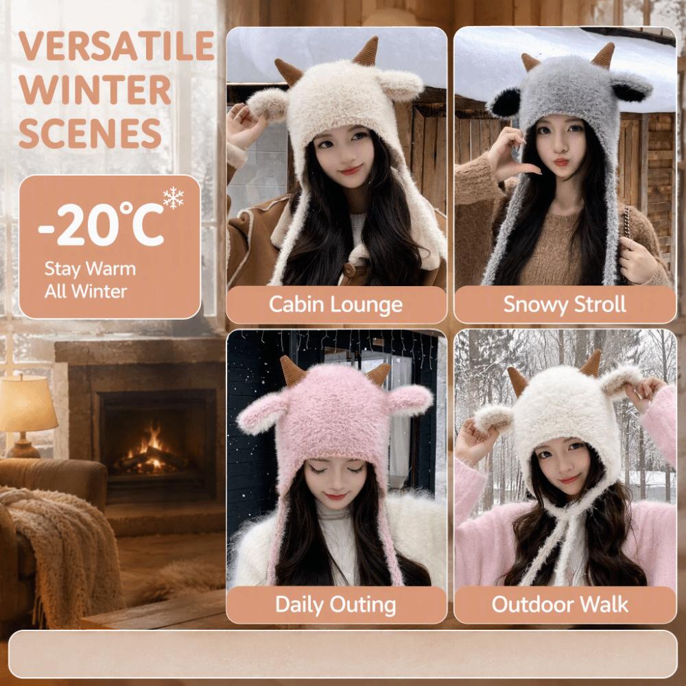 Fleece Lined Knitted Hat Korean Style Sheep Horn Hat Cute Trapper Hat Cold Weather