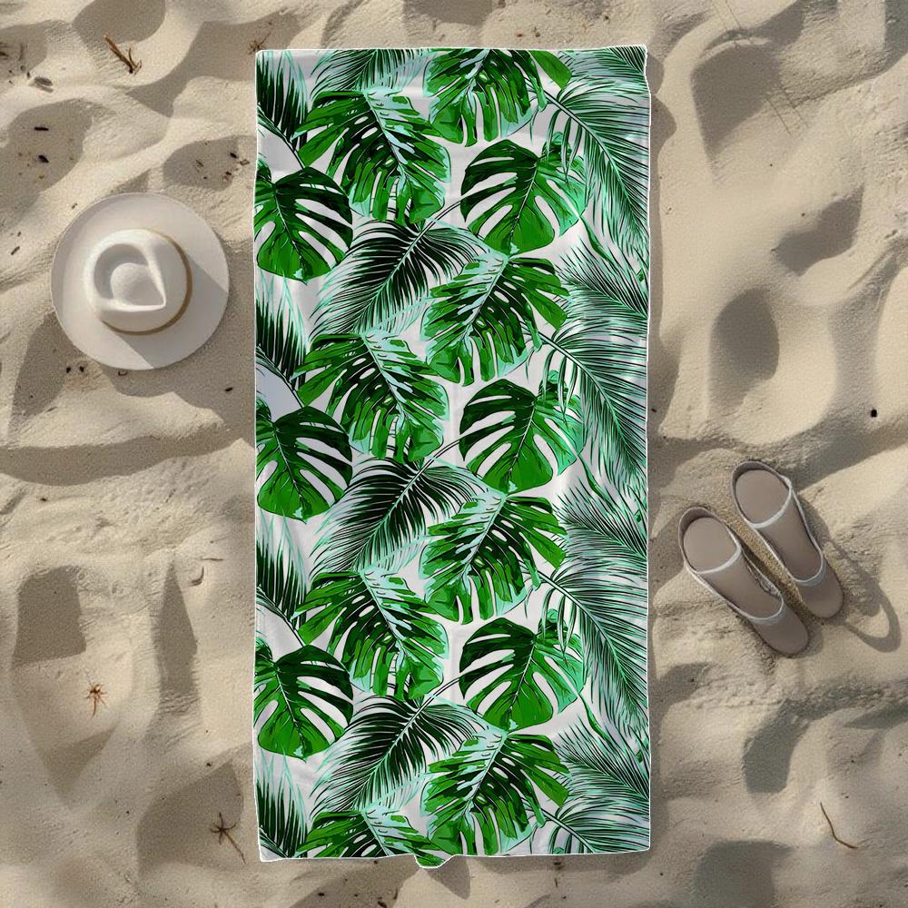 Monstera & Tropical Floral Stripe Beach Towel, Soft Quick-Drying, Perfect For Portable Outdoor Travel, Camping And Summer Beach