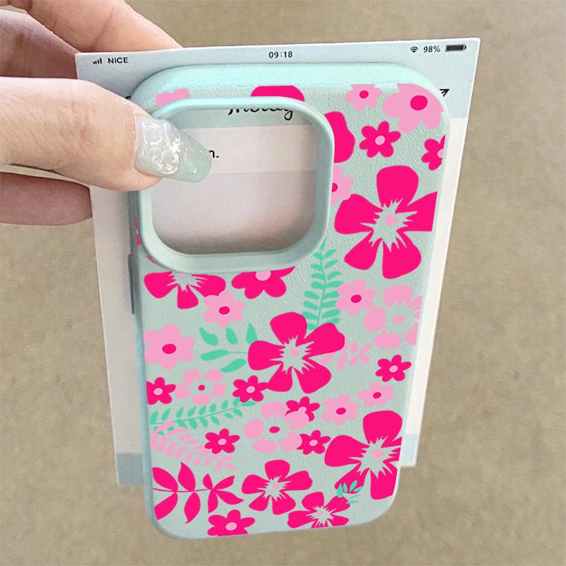 Vibrant Magenta Floral Design Flexible & Durable Shockproof Soft TPU Leather Texture Cover Case for iPhone 17 Pro Max Air 16e 16 15 14 13