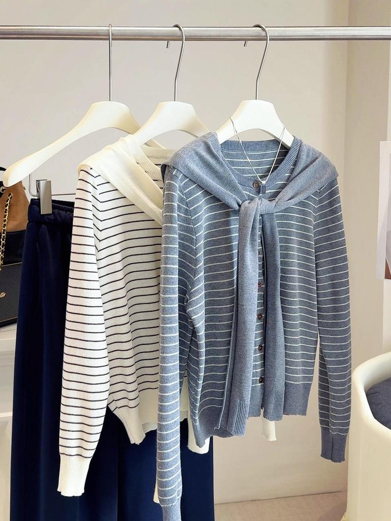 Women's 2025 Spring/Autumn Striped Knitwear Set: Round Neck, Short, Loose-Fit Sweater & Base Shirt.