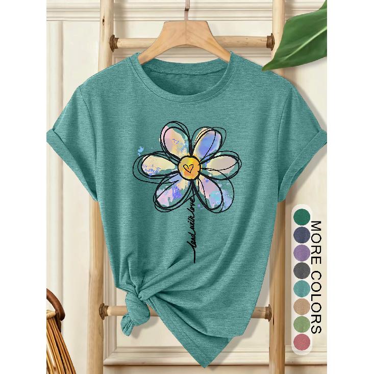 Women's Elegant Style Plus Size Loose Short Sleeve Watercolor Daisy Hand-Painted Print Pattern Round Neck Women's Comfortable Soft Breathable New