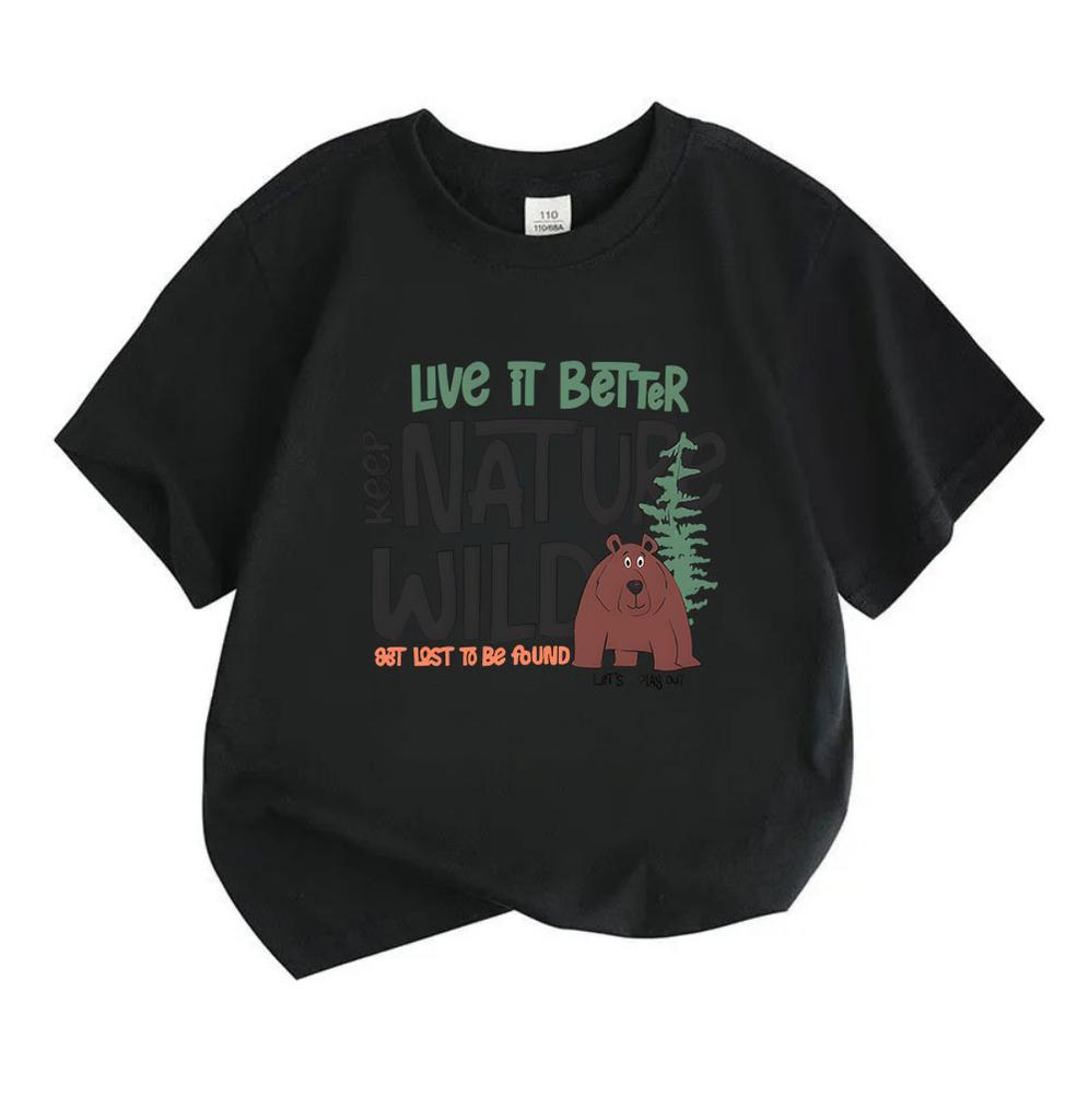 Kids Boys Girls 100% Cotton Crew Neck Short Sleeve T-Shirt, Keep Nature Wild Bear Pine Tree Print Casual Tees for Outdoor Hiking Nature Loving Childre