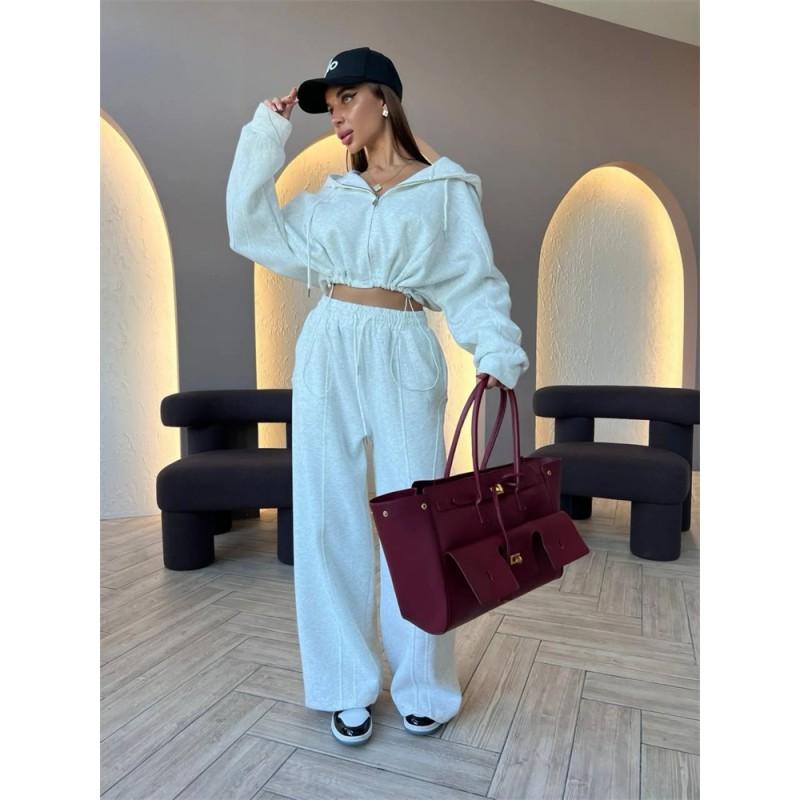 Womens Casual Two-Piece Set: Long Sleeve Zip-Up Hooded Top Wide Leg Pants Solid Color Stretch Comfort Fit