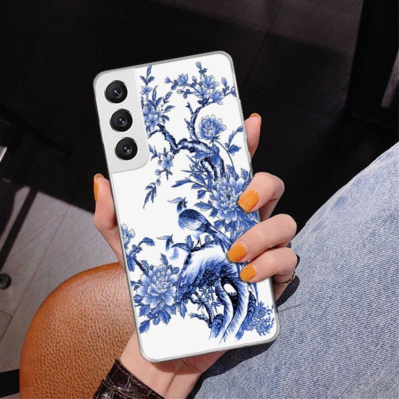Blue And White Porcelain Phone Case For Samsung Galaxy S24 S25 Edge S26 Ultra S23 S22 S21 Plus S20 FE + Personalized Print Cover