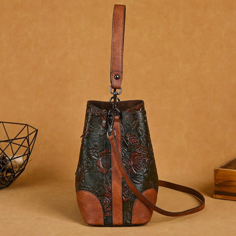 Johnature Retro Embossed Bucket Bag Large Capacity Handmade Women's Bag Versatile Shoulder Crossbody Bags