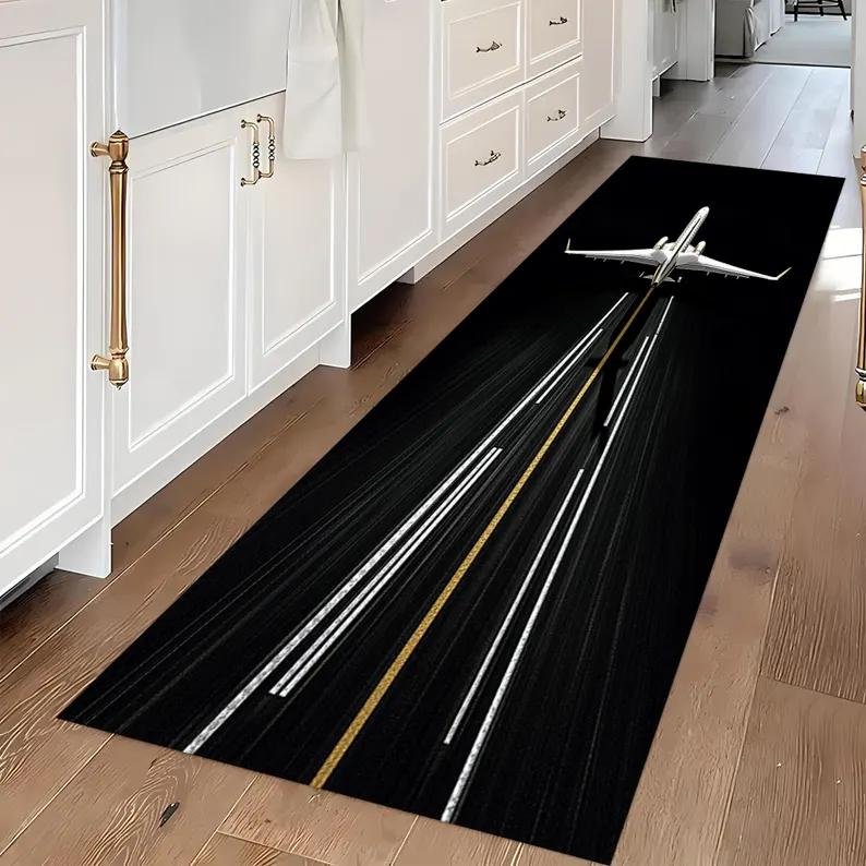 Airplane Runway Runner Rug Glow-Inspired Airport Hallway Carpet for Kids Pilot Gift Aviation Themed Modern Floor Mat Bedroom