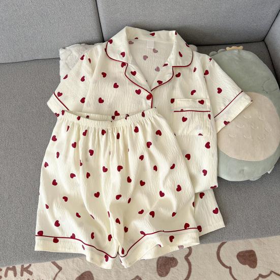 2-teiliges Damen-Pyjama-Set Herzstreifen Kurzarm Knopfleiste Elastischer Bund Lockere kurze Hose Sommer Nachtwäsche Loungewear