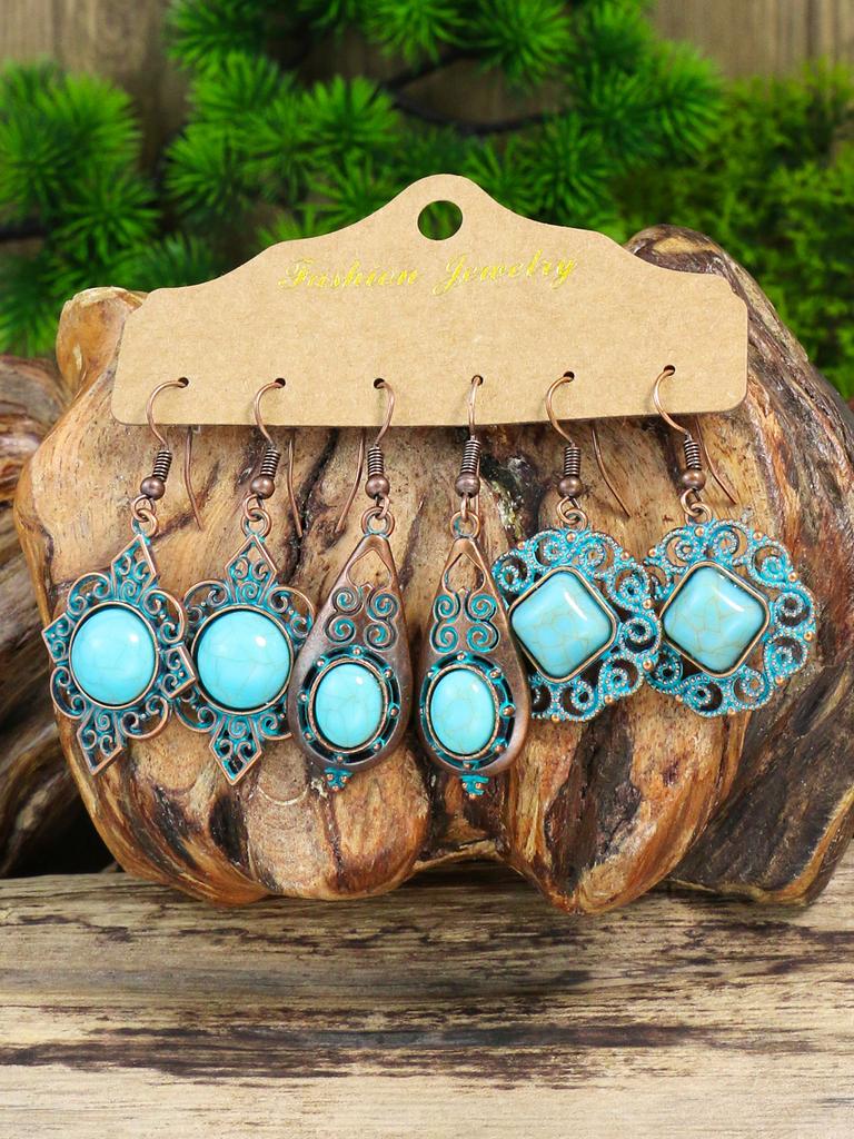 Vintage Boho Blue Stone Geometric Dangle Earrings for Women Ethnic Silver Color Hollow Water Drop Earrings Jhumka Zircon Gift