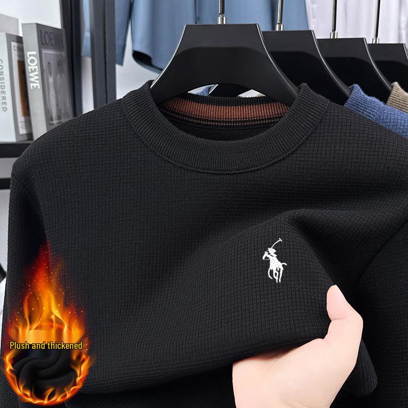

Men s Winter Thick Fleece Horse Embroidery Knit Sweater - Warm Round Neck 4XL (recomm. 180-200) чорний