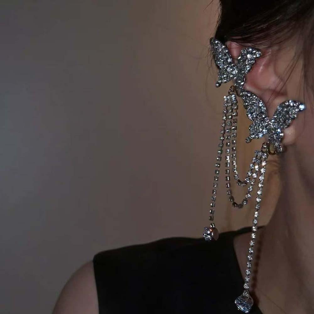 1 pair Luxury Silver Tassel Ear Clip Long Shiny Temperament Eardrops  Women