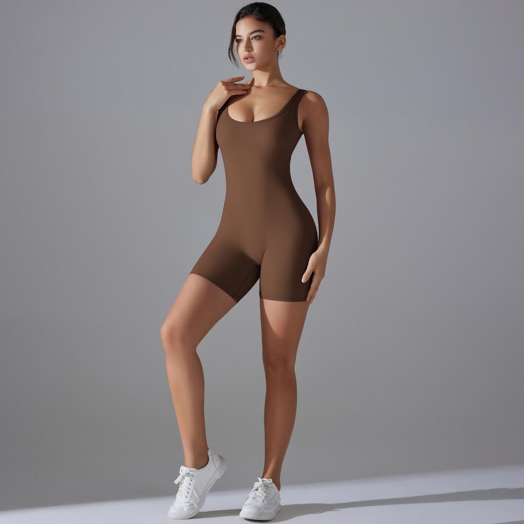 New Double-sided Nylon Nude High Elasticity Peach Hip Solid Color Peach Hip V-waist Tight Shorts Jumpsuit Yoga Suit